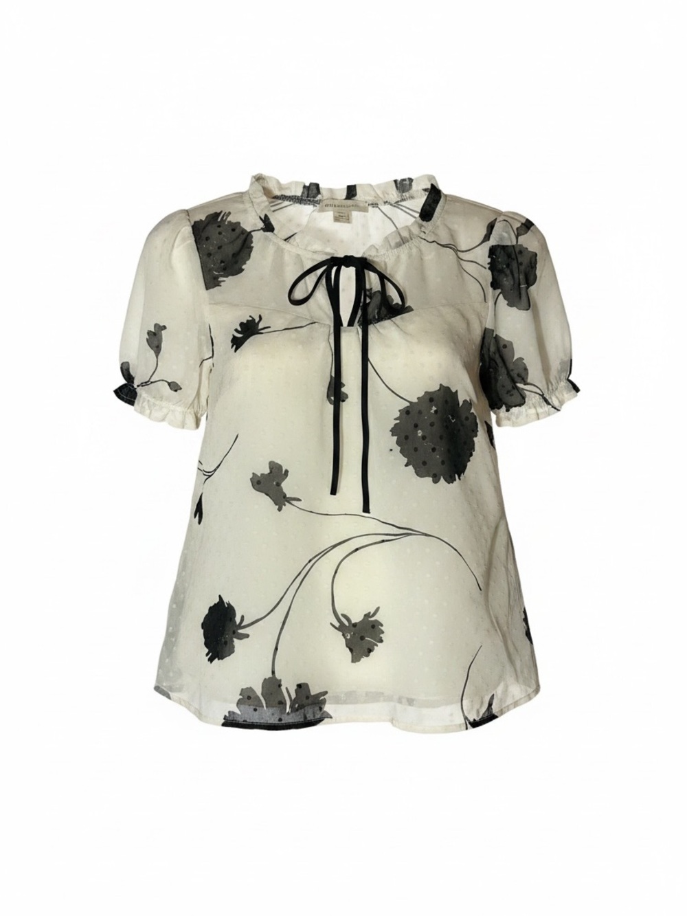 Monteau Ivory Sheer Floral Tie-Neck Blouse with Black Accents